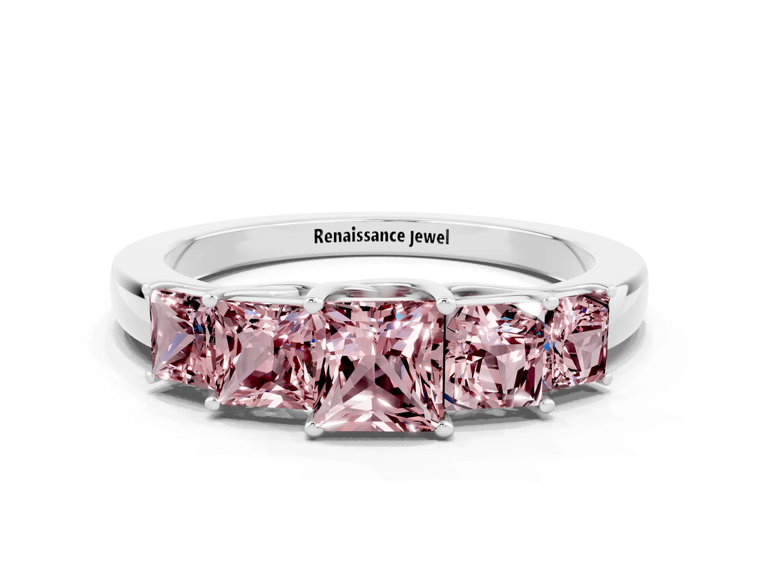 White gold Princess Cut Five-Stone Morganite Ring with Classic Prong Setting_6