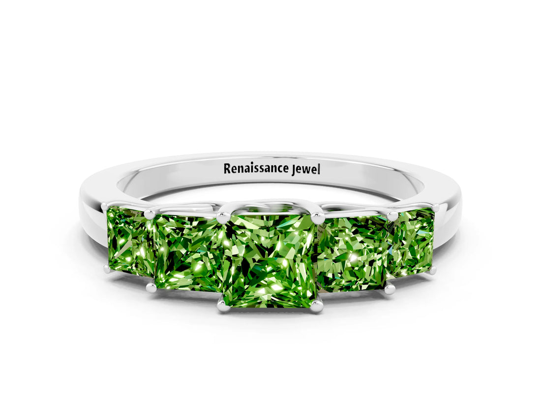 White gold Princess Cut Five-Stone Peridot Ring with Classic Prong Setting_6