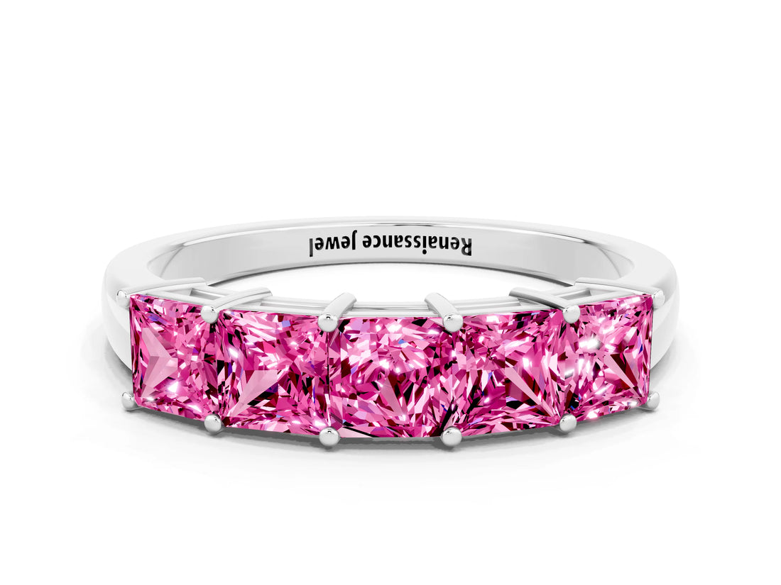White gold Princess Cut Five-Stone Pink Sapphire Band with Prong Setting_18