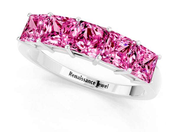 White Gold Princess Cut Lab-Grown Pink Sapphire Five Stone Wedding Band with Spaced Prongs