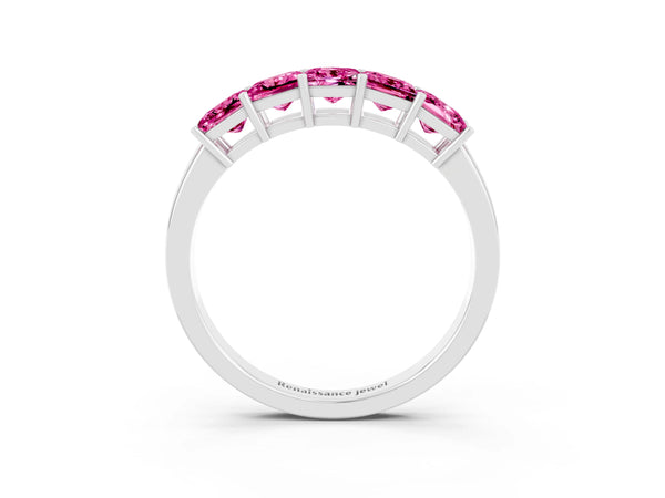 White Gold Princess Cut Lab-Grown Pink Sapphire Five Stone Wedding Band with Spaced Prongs