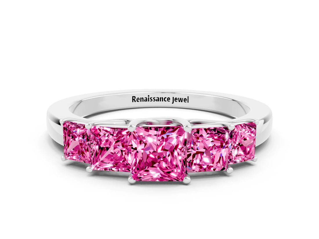 White gold Princess Cut Five-Stone Pink Sapphire Ring with Classic Prong Setting_18