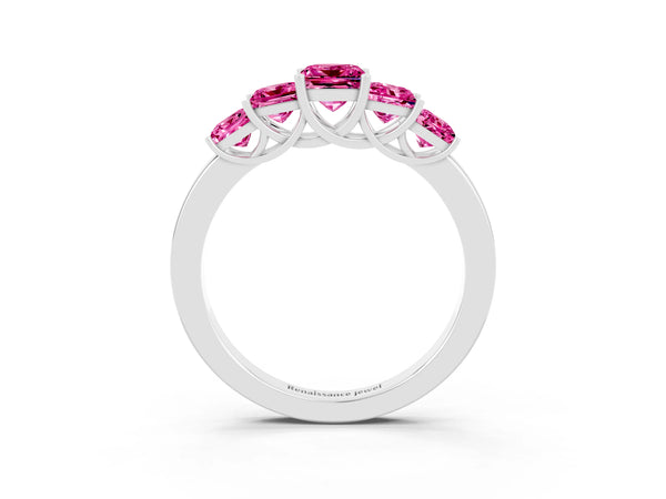 White Gold Princess Cut Lab-Grown Pink Sapphire Five Stone Wedding Band with Open Baskets