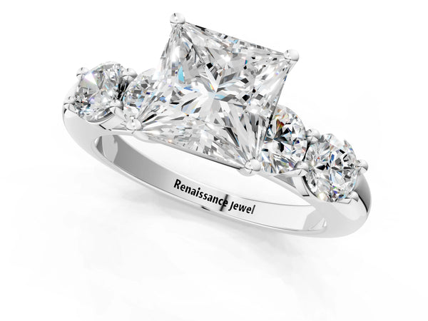 White gold Princess Cut Five-Stone Prong Set Diamond Ring with Classic Band