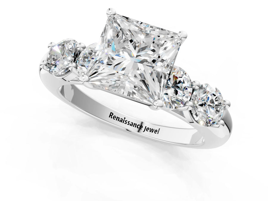 White gold Princess Cut Five-Stone Prong Set Diamond Ring with Classic Band