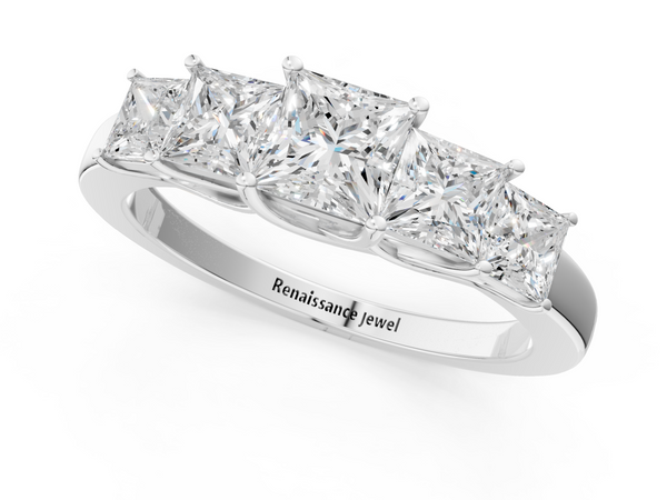 Platinum Princess Cut Five-Stone Diamond Ring with Classic Prong Setting