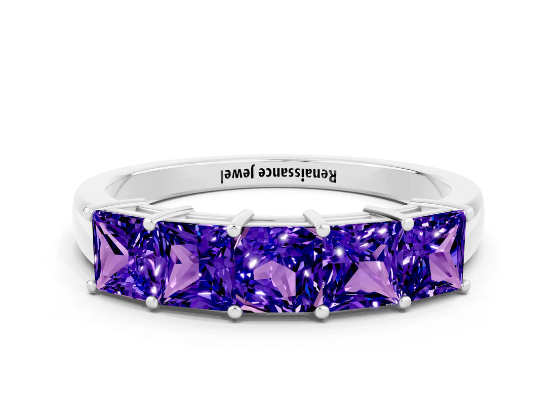 White gold Princess Cut Five-Stone Tanzanite Band with Prong Setting_6