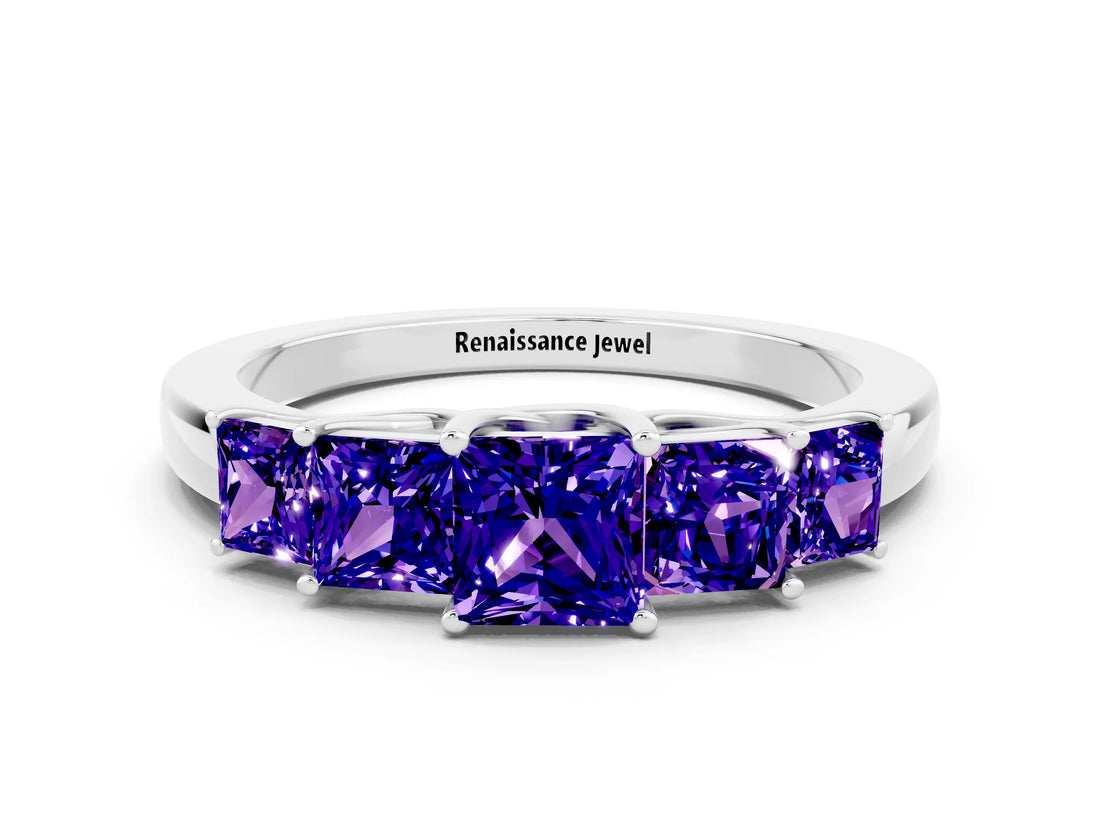 White gold Princess Cut Five-Stone Tanzanite Ring with Classic Prong Setting_6