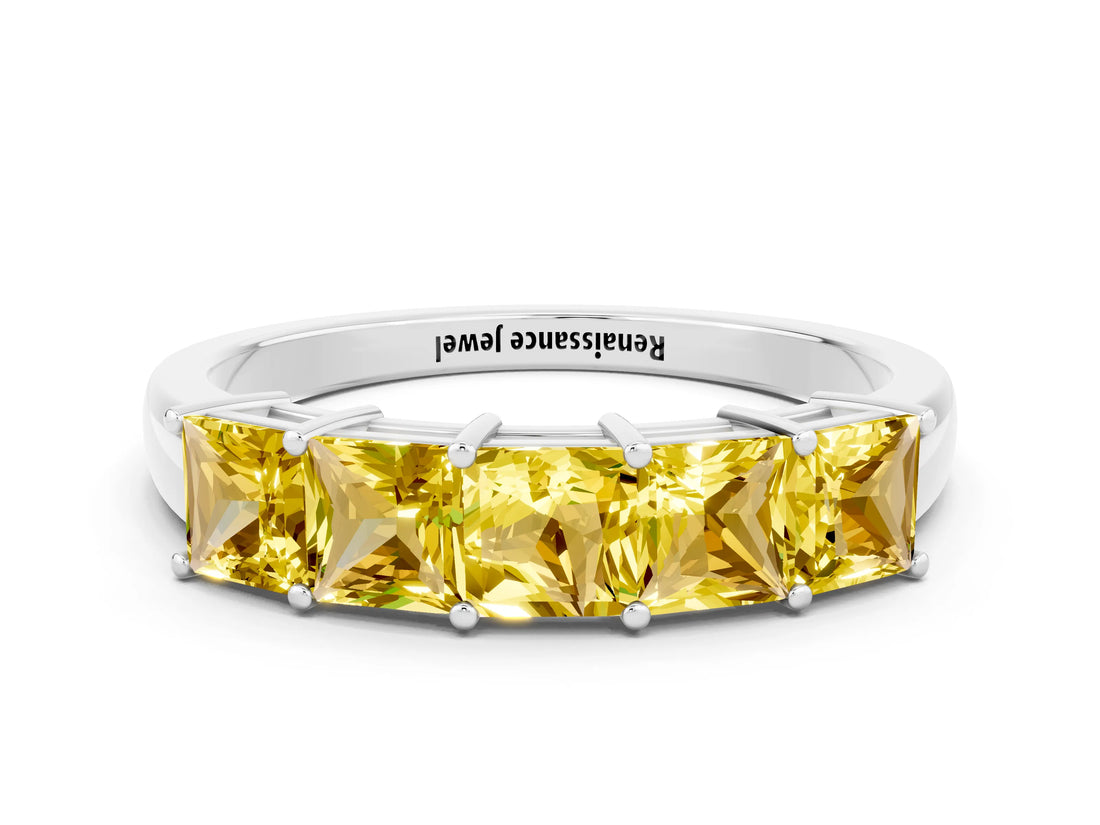 White gold Princess Cut Five-Stone Yellow Sapphire Band with Prong Setting_18