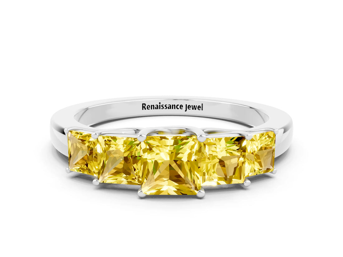 White gold Princess Cut Five-Stone Yellow Sapphire Ring with Classic Prong Setting_18