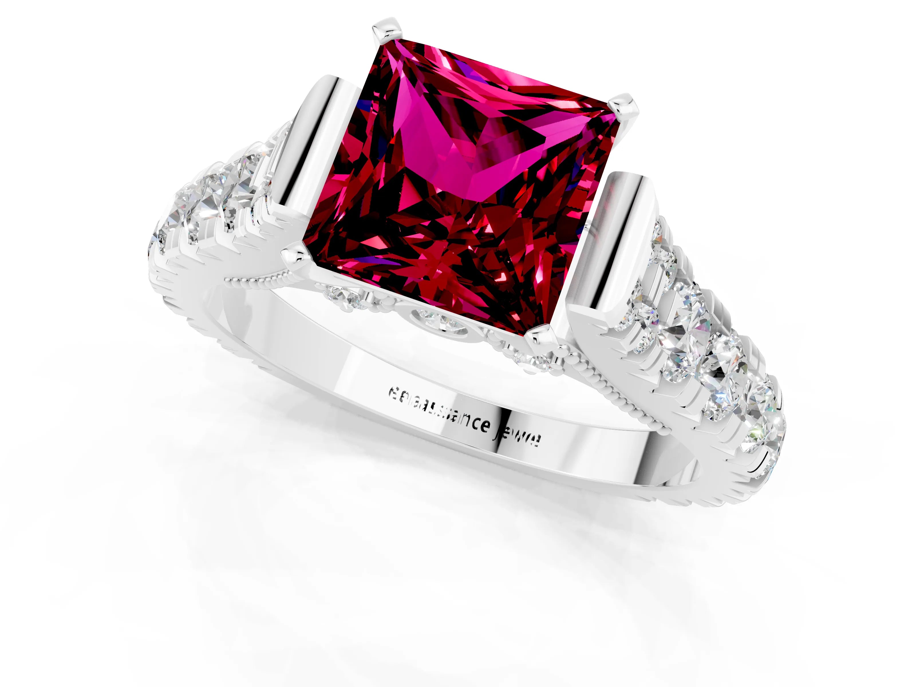 White gold Princess Cut Garnet Classic Solitaire Ring with Pavé Band and Four-Prong Setting_1