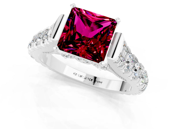 Silver Princess Cut Garnet Classic Solitaire Ring with Pavé Band and Four-Prong Setting