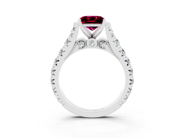 Platinum Princess Cut Garnet Classic Solitaire Ring with Pavé Band and Four-Prong Setting
