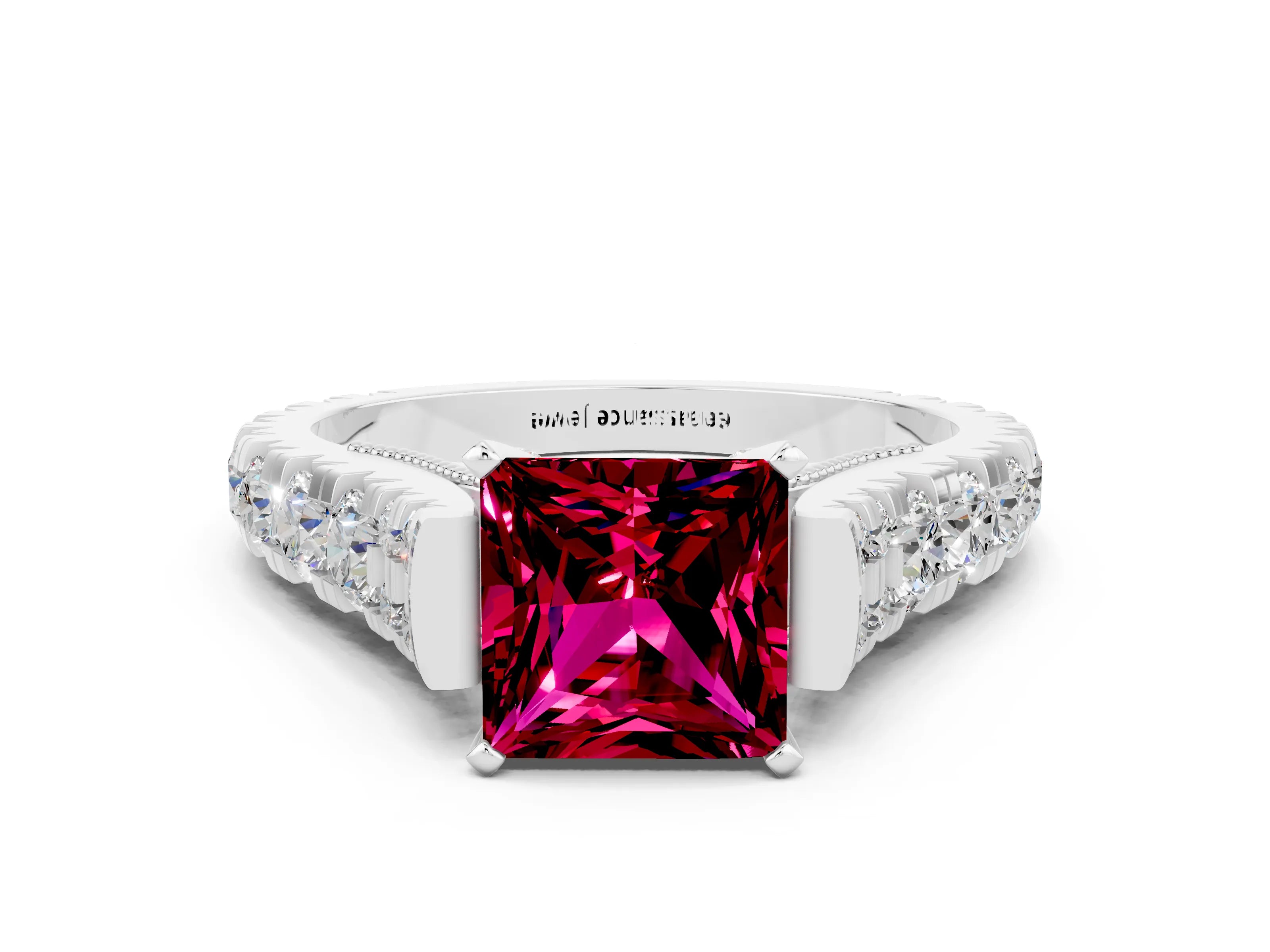 White gold Princess Cut Garnet Classic Solitaire Ring with Pavé Band and Four-Prong Setting