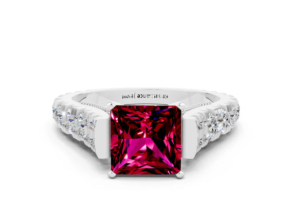Silver Princess Cut Garnet Classic Solitaire Ring with Pavé Band and Four-Prong Setting