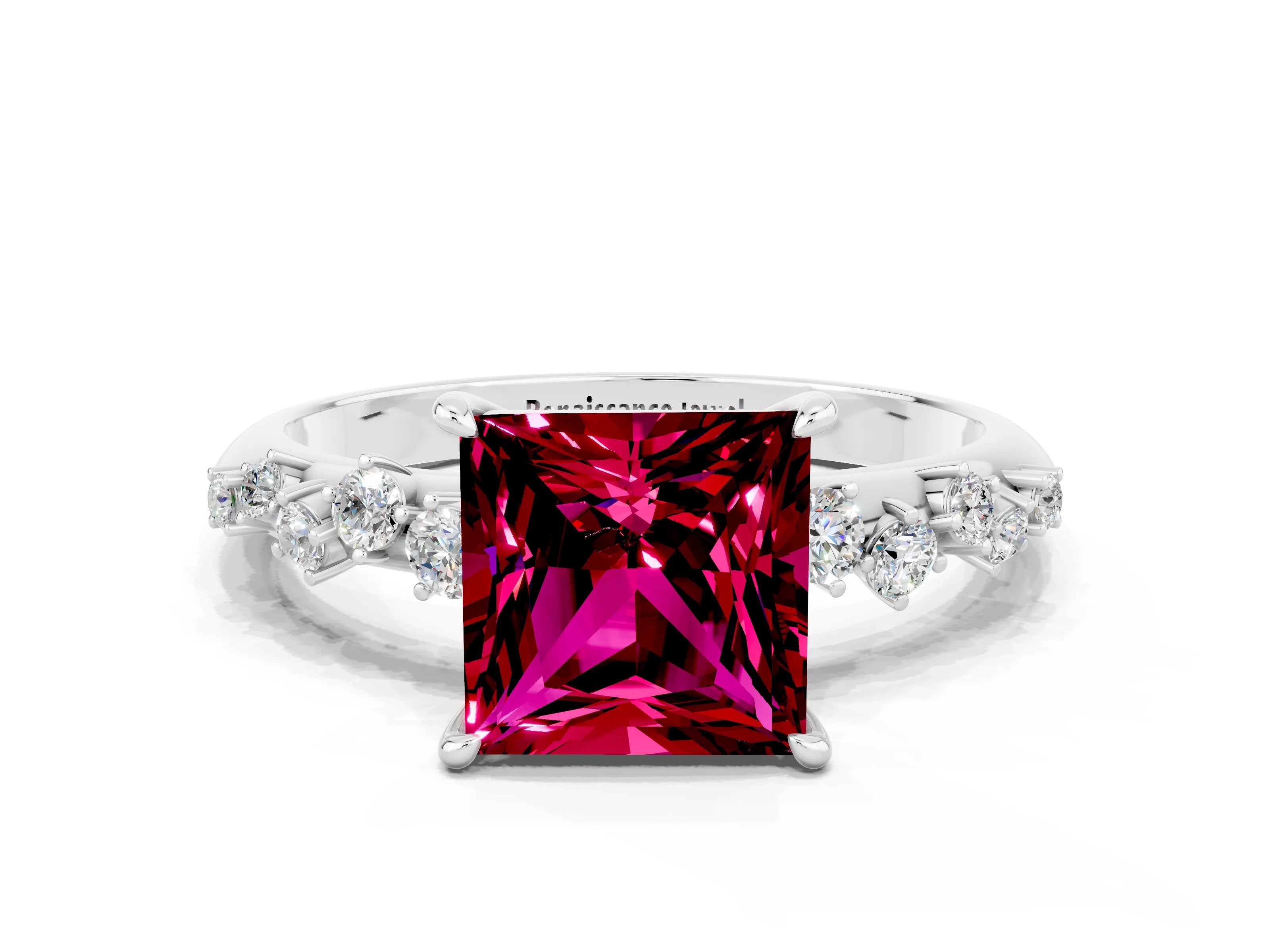 White gold Princess Cut Garnet Cluster Side Stone Solitaire Ring with Prong Setting_24