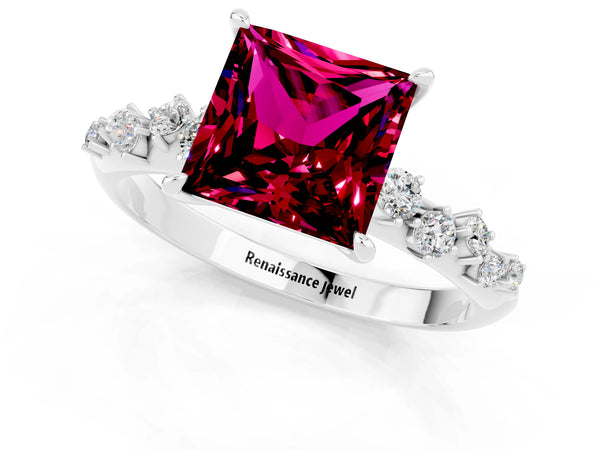Platinum Princess Cut Garnet Cluster Side Stone Solitaire Ring with Prong Setting