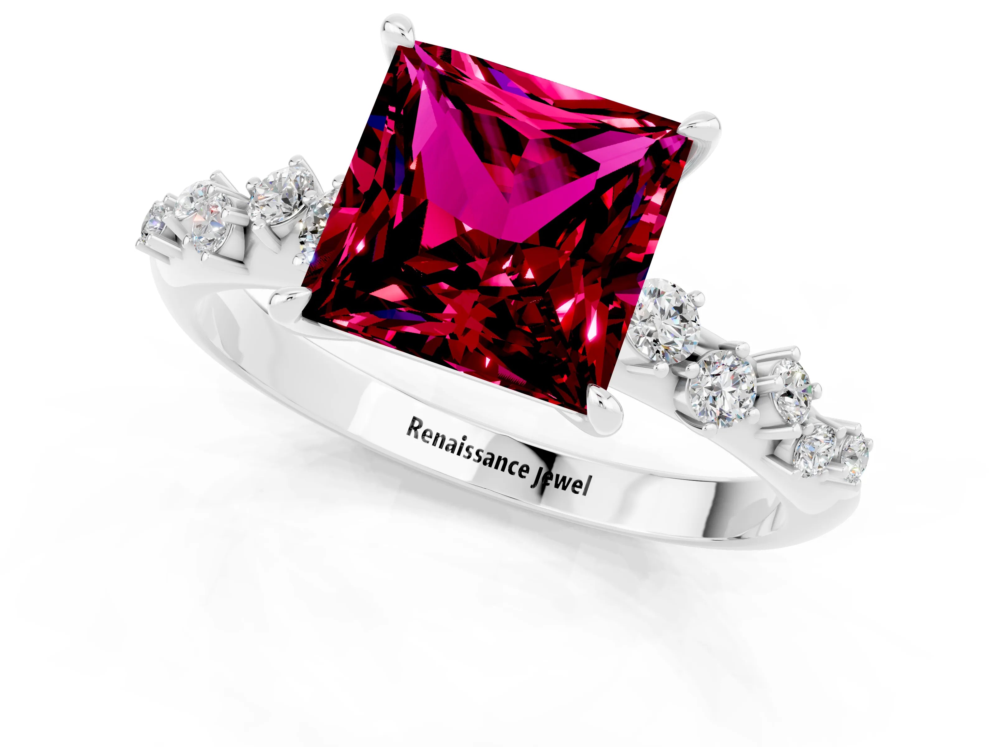 White gold Princess Cut Garnet Cluster Side Stone Solitaire Ring with Prong Setting_25