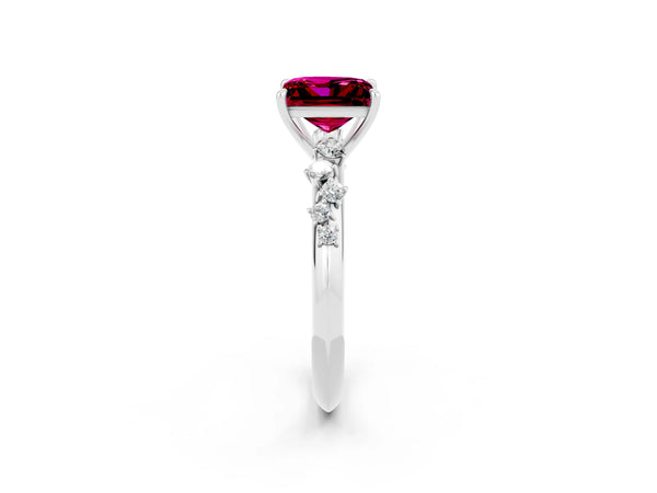 Silver Princess Cut Garnet Cluster Side Stone Solitaire Ring with Prong Setting