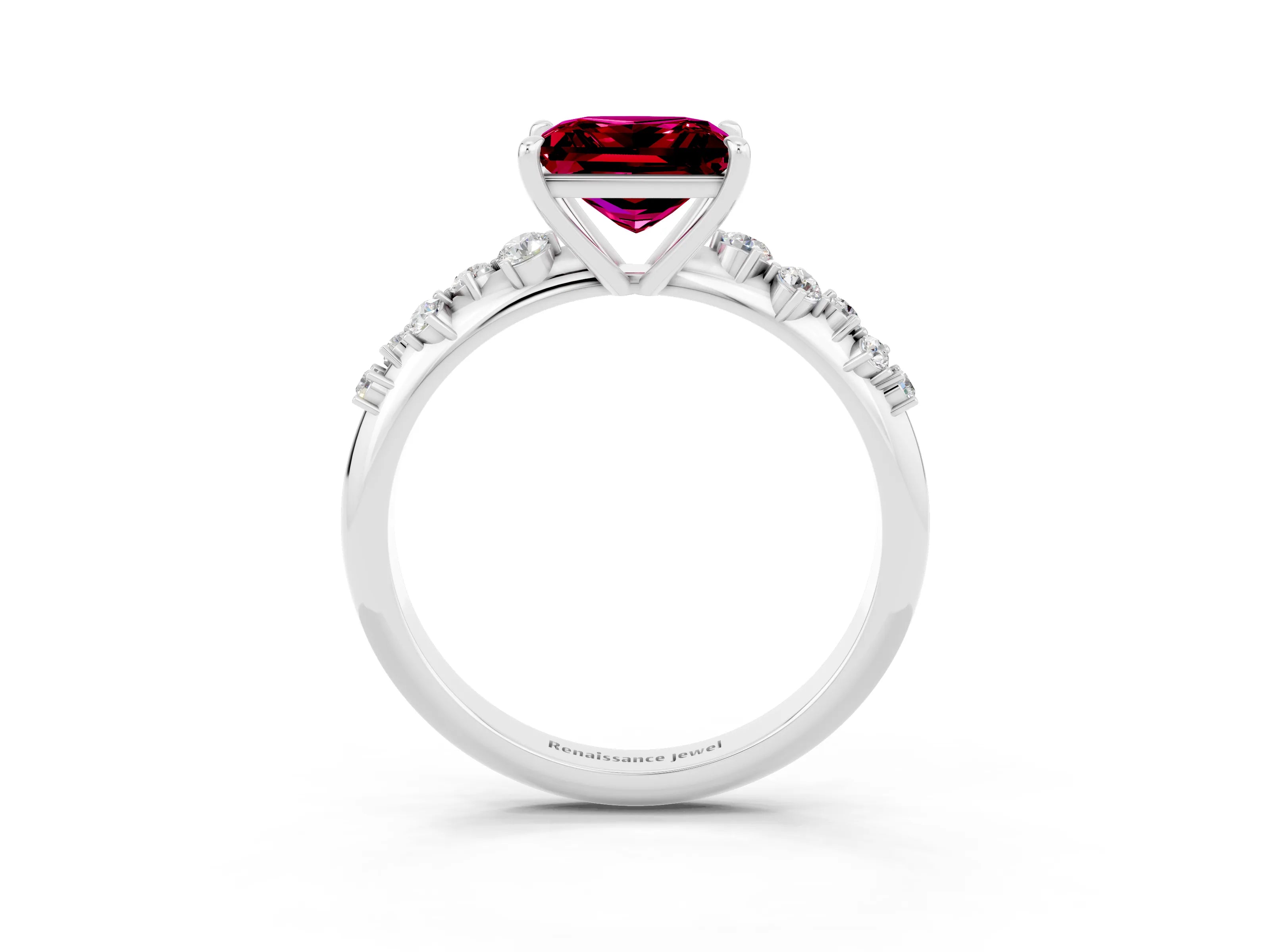 White gold Princess Cut Garnet Cluster Side Stone Solitaire Ring with Prong Setting_27
