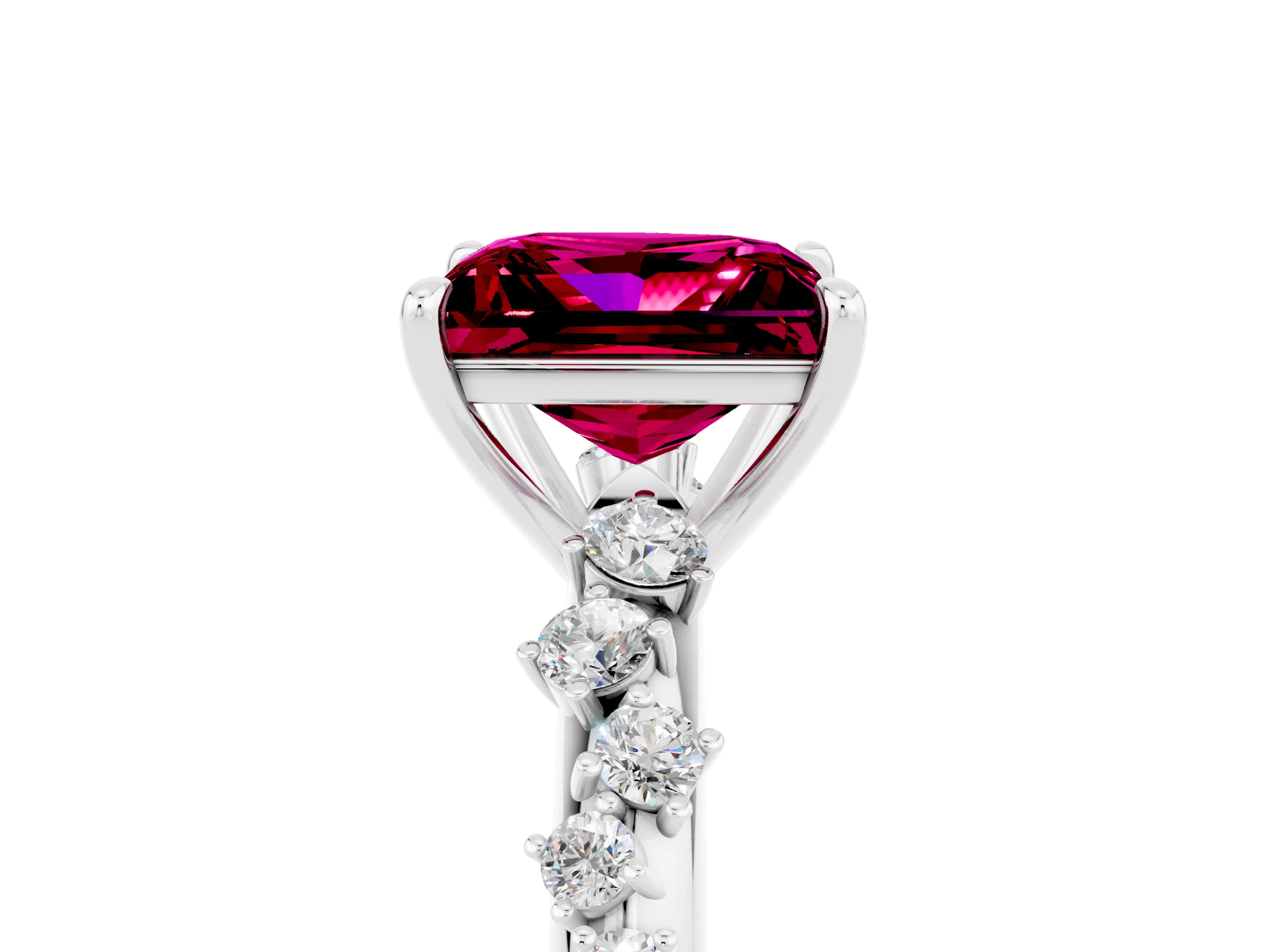 White gold Princess Cut Garnet Cluster Side Stone Solitaire Ring with Prong Setting_29