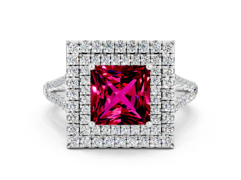 White gold Princess Cut Garnet Double Halo Ring with Pavé Band and Prong Setting_12