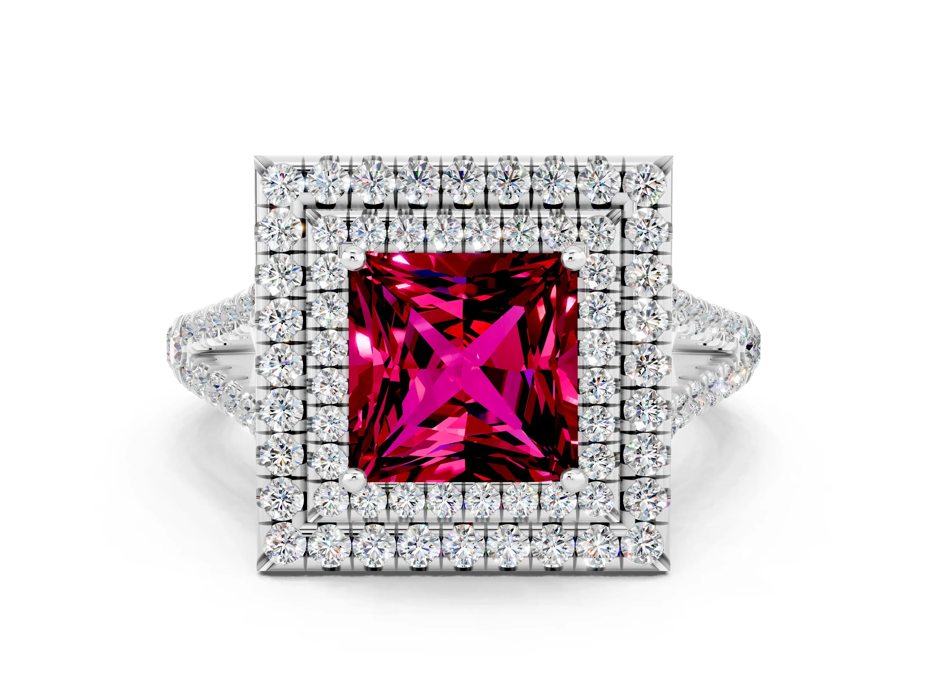White gold Princess Cut Garnet Double Halo Ring with Pavé Band and Prong Setting_12
