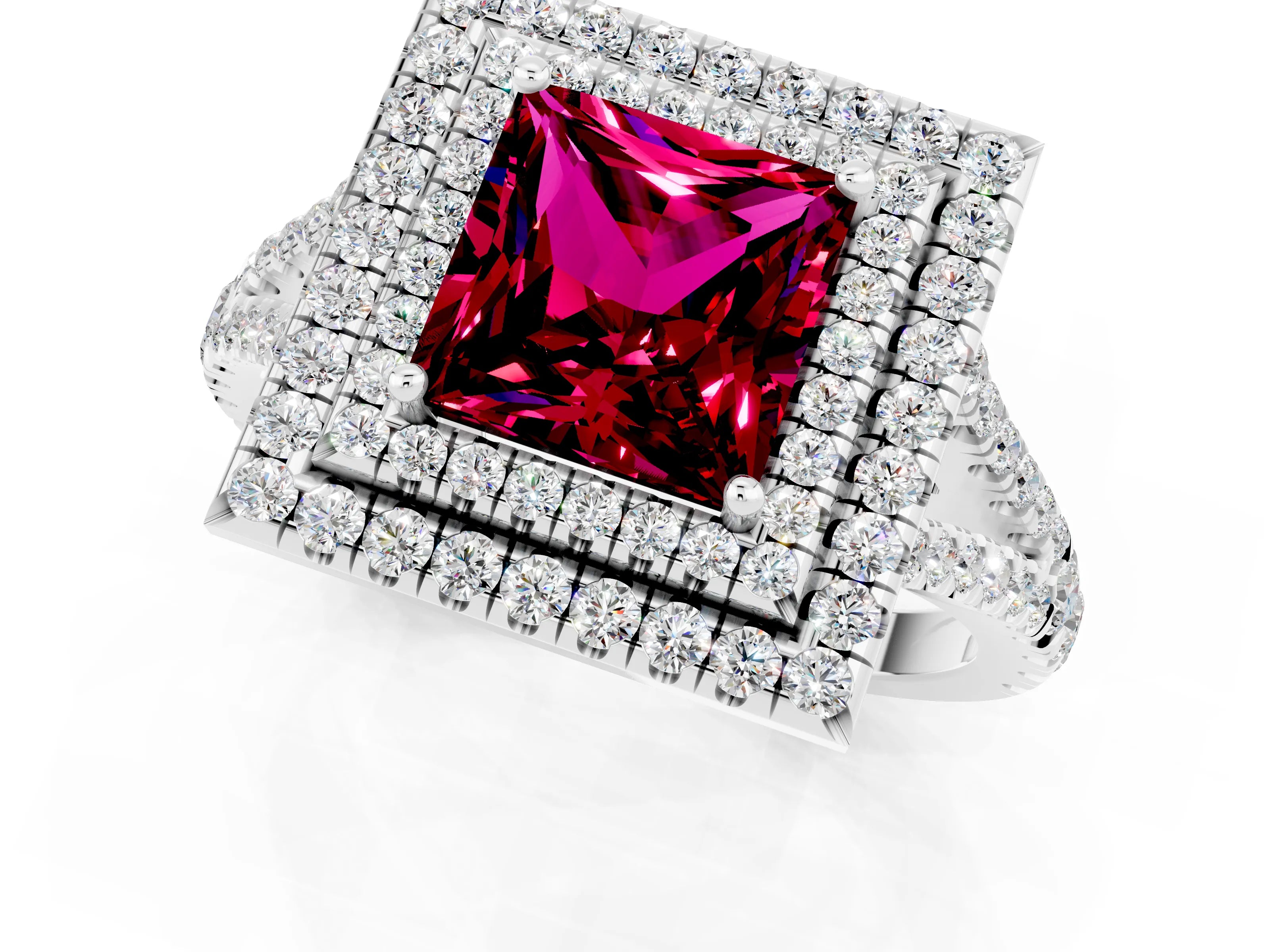 White gold Princess Cut Garnet Double Halo Ring with Pavé Band and Prong Setting_13
