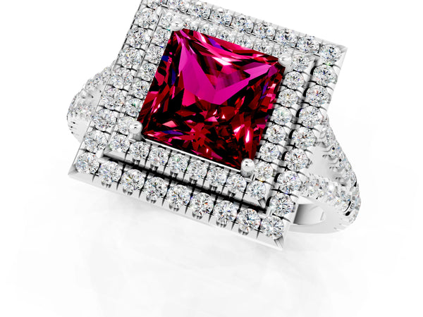 White gold Princess Cut Garnet Double Halo Ring with Pavé Band and Prong Setting