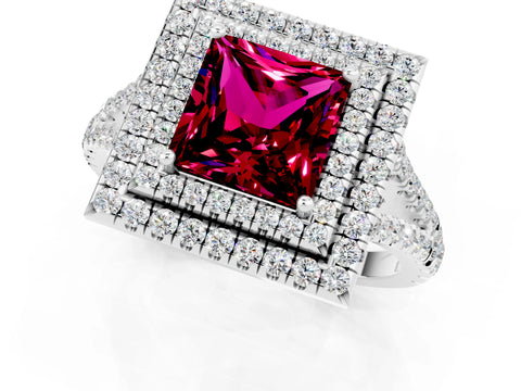 White gold Princess Cut Garnet Double Halo Ring with Pavé Band and Prong Setting_13