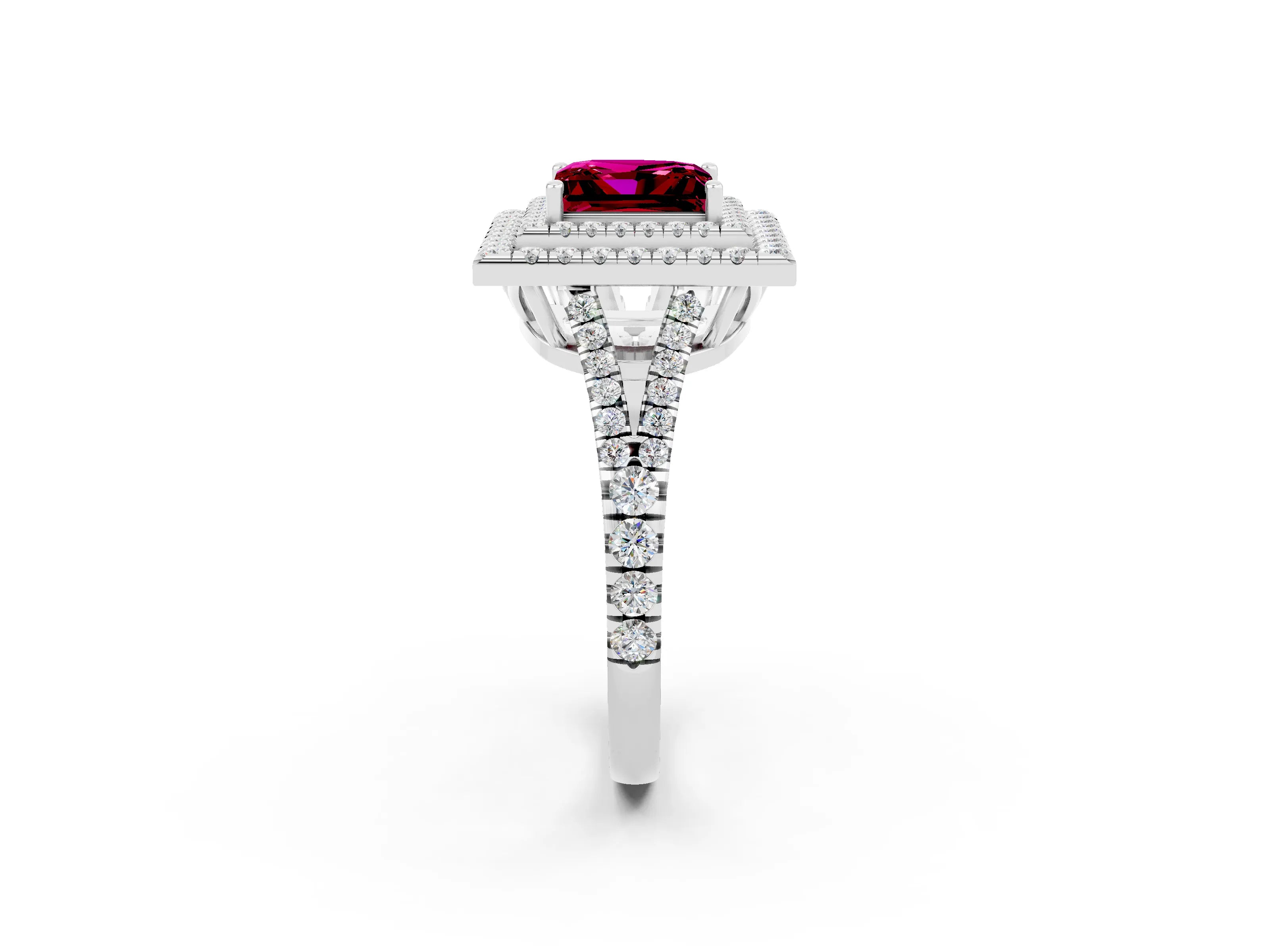 White gold Princess Cut Garnet Double Halo Ring with Pavé Band and Prong Setting_14