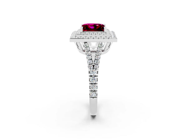 White gold Princess Cut Garnet Double Halo Ring with Pavé Band and Prong Setting