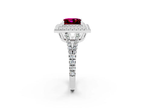 White gold Princess Cut Garnet Double Halo Ring with Pavé Band and Prong Setting_14