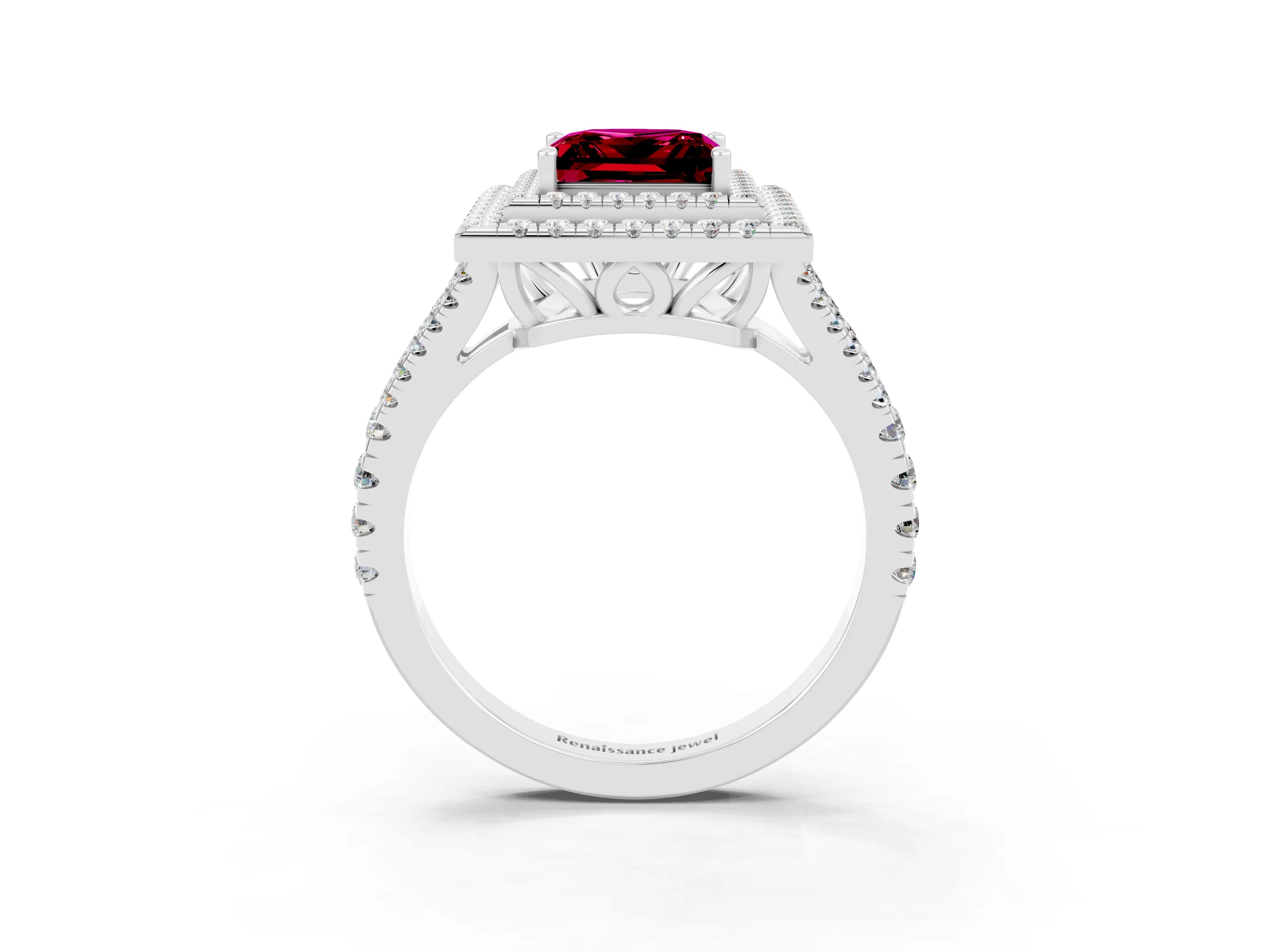 White gold Princess Cut Garnet Double Halo Ring with Pavé Band and Prong Setting_15