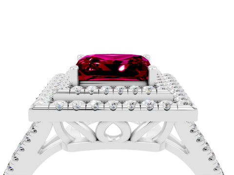 White gold Princess Cut Garnet Double Halo Ring with Pavé Band and Prong Setting_16