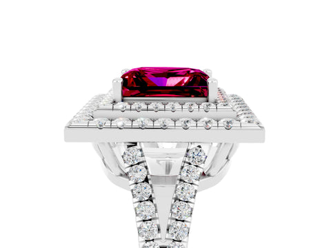 White gold Princess Cut Garnet Double Halo Ring with Pavé Band and Prong Setting_17