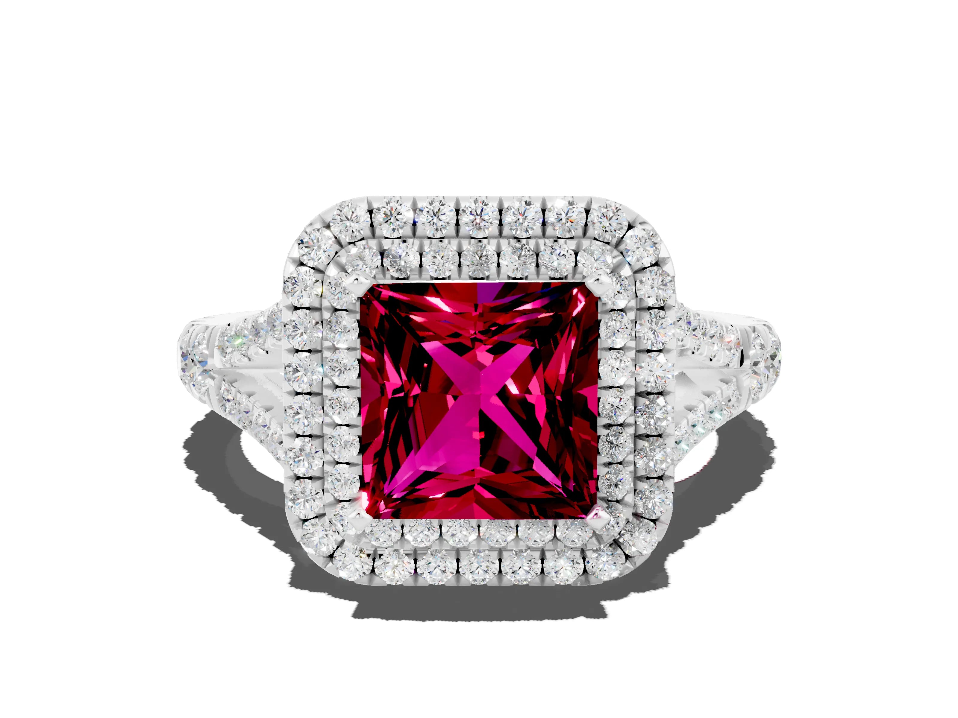 White gold Princess Cut Garnet Double Halo Ring with Split Shank and Prong Setting_24