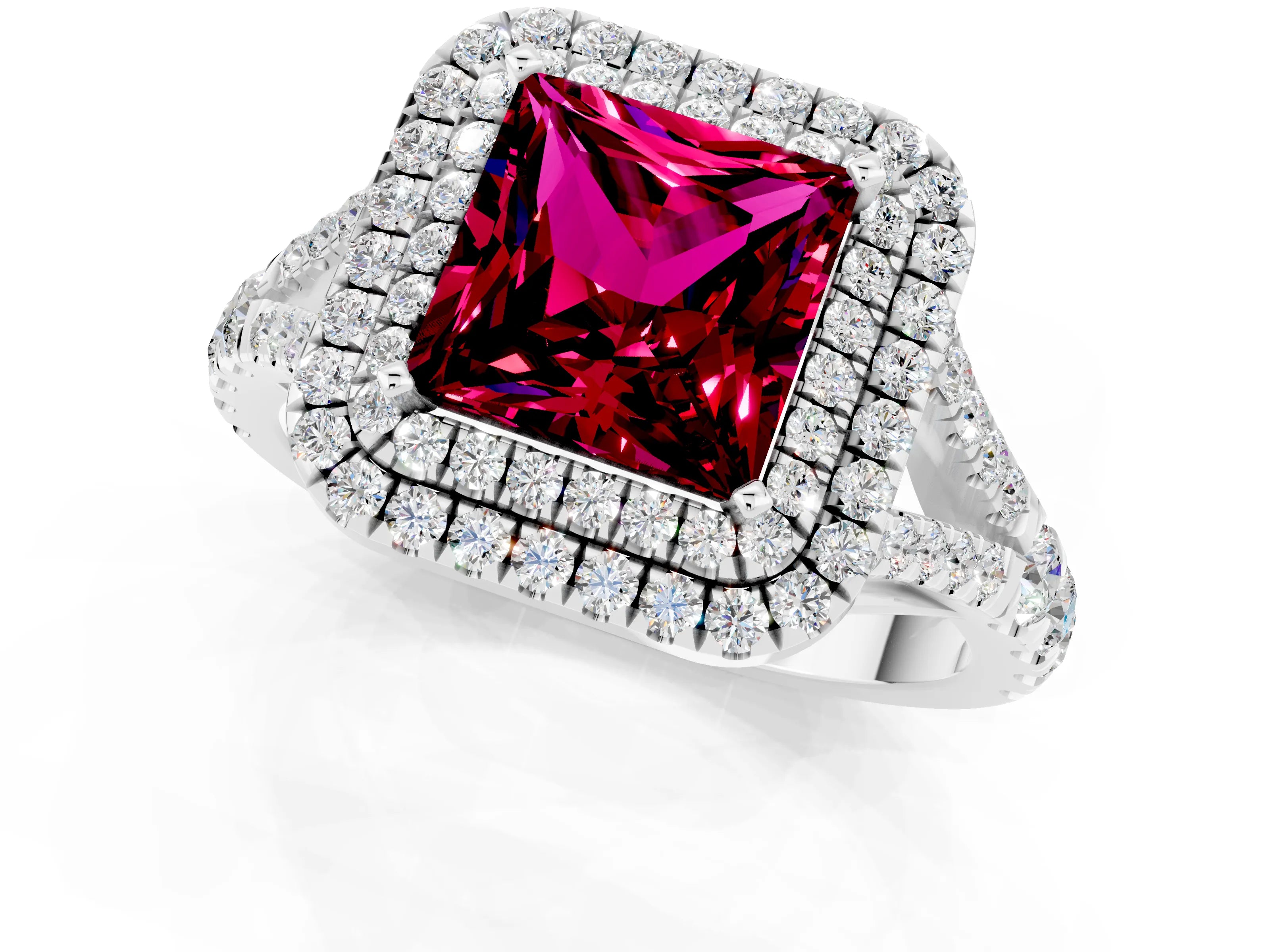 White gold Princess Cut Garnet Double Halo Ring with Split Shank and Prong Setting_25