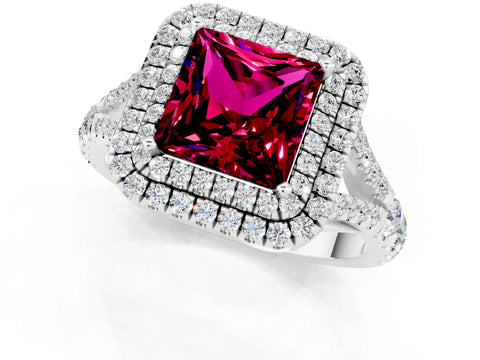 White gold Princess Cut Garnet Double Halo Ring with Split Shank and Prong Setting_25