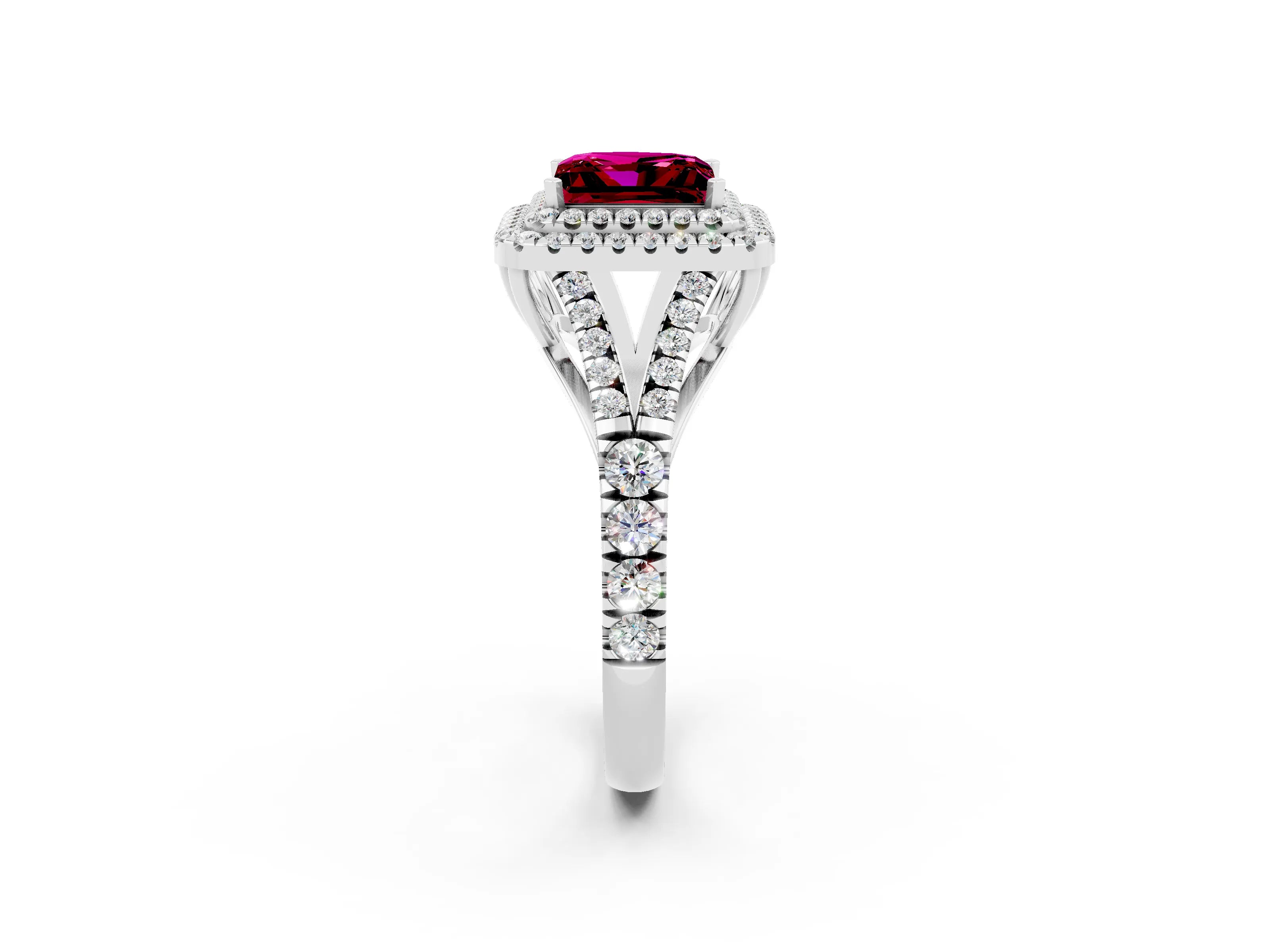 White gold Princess Cut Garnet Double Halo Ring with Split Shank and Prong Setting_26