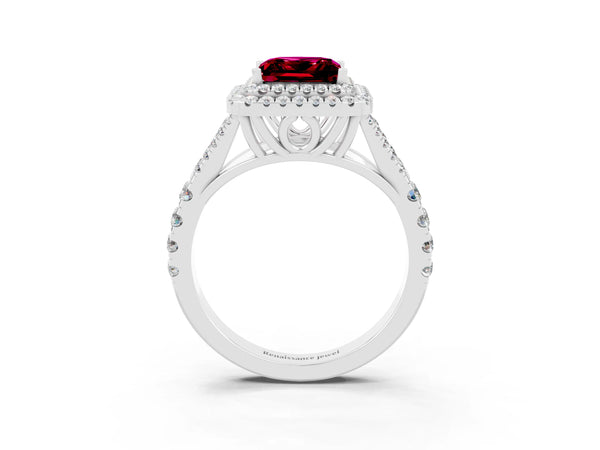 Platinum Princess Cut Garnet Double Halo Ring with Split Shank and Prong Setting