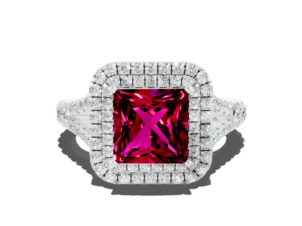 White gold Princess Cut Garnet Double Halo Ring with Split Shank and Prong Setting