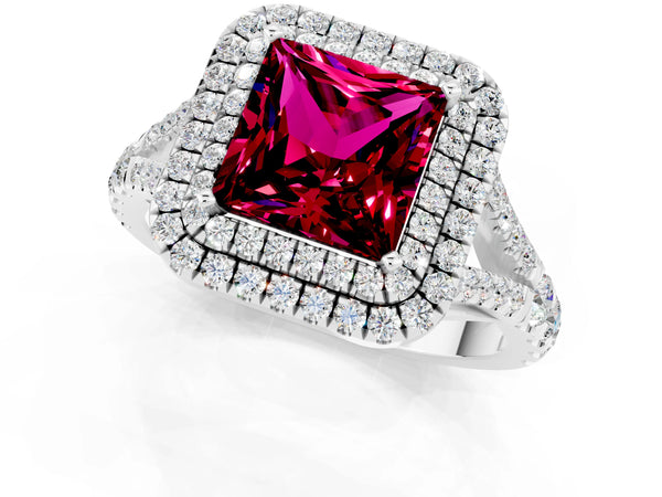 White gold Princess Cut Garnet Double Halo Ring with Split Shank and Prong Setting