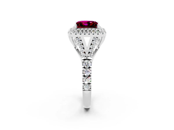 White gold Princess Cut Garnet Double Halo Ring with Split Shank and Prong Setting