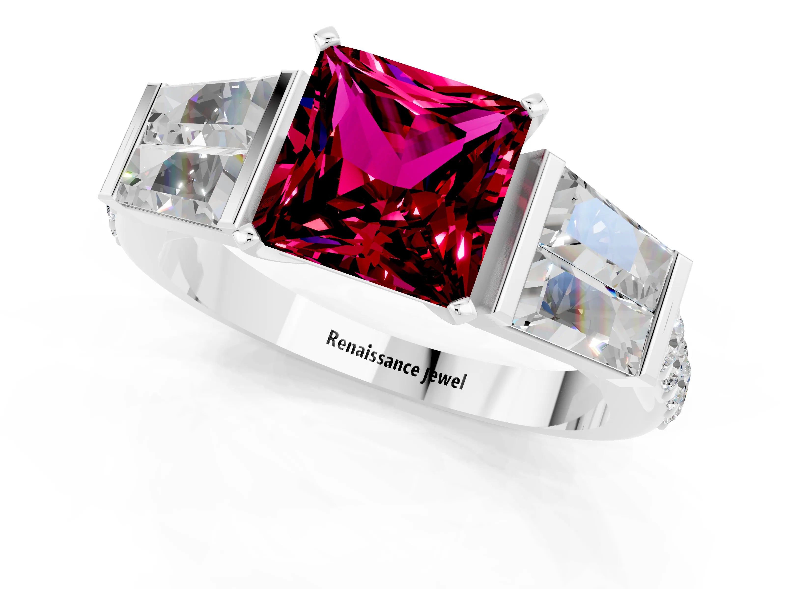 White gold Princess Cut Garnet Engagement Ring with Baguette Side Stones and Channel Set Band_1