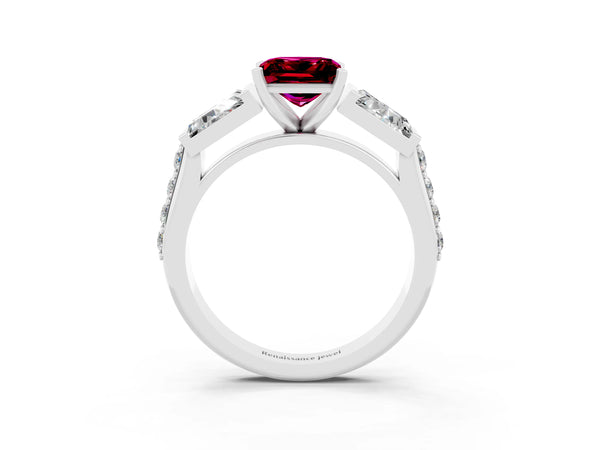 Platinum Princess Cut Garnet Engagement Ring with Baguette Side Stones and Channel Set Band