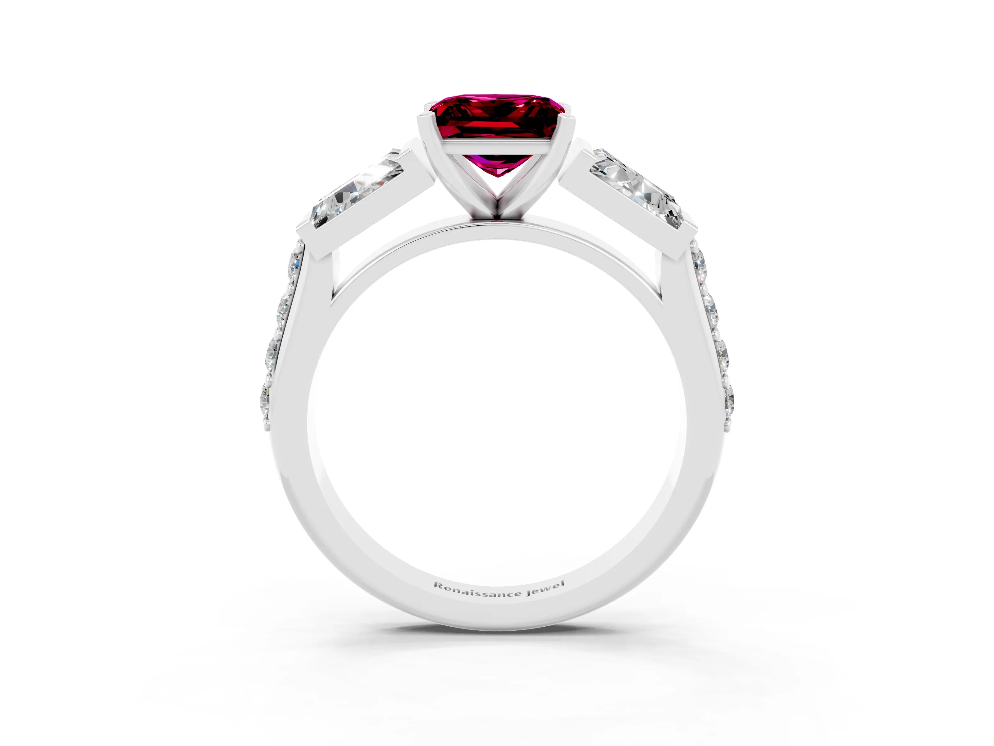 White gold Princess Cut Garnet Engagement Ring with Baguette Side Stones and Channel Set Band_3