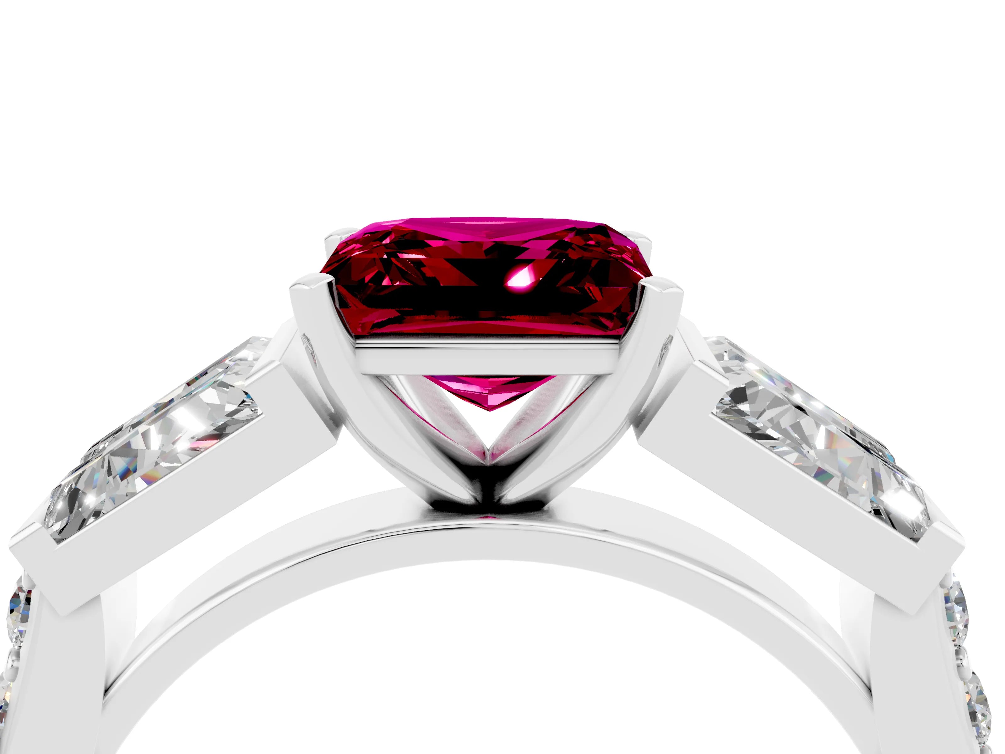 White gold Princess Cut Garnet Engagement Ring with Baguette Side Stones and Channel Set Band_4