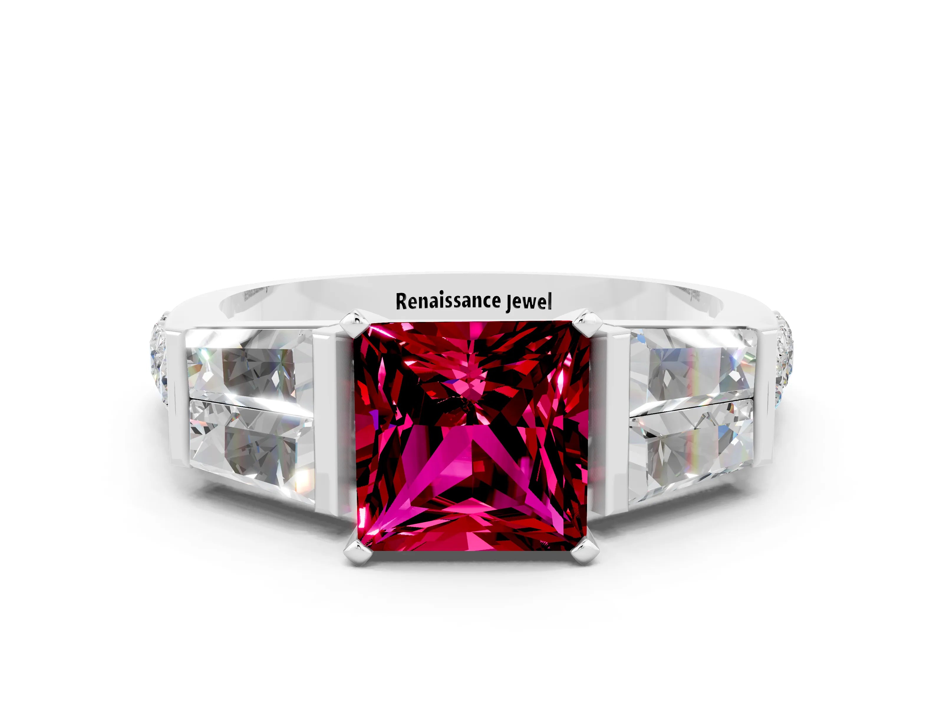 White gold Princess Cut Garnet Engagement Ring with Baguette Side Stones and Channel Set Band