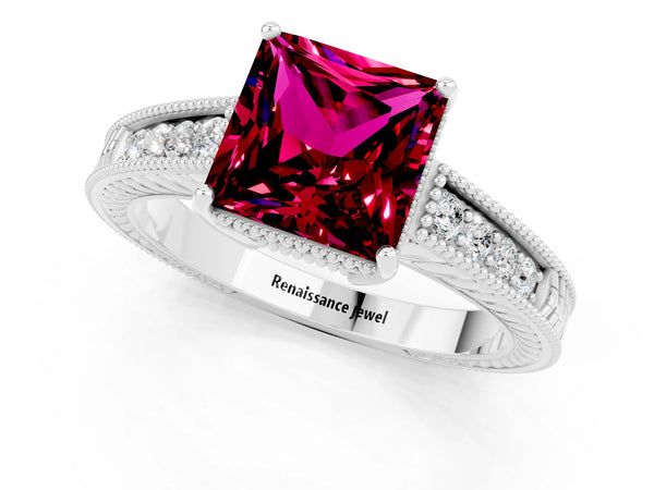 Platinum Princess Cut Garnet Engagement Ring with Milgrain Channel Set Band and Prong Setting